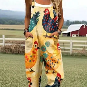 Women's Summer Digital Printing Button Casual Suspender Trousers null