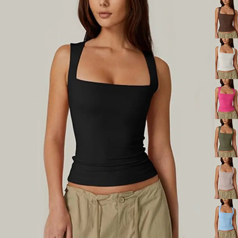 Summer Square-neck Tank Vest Ins Fashion Slim Solid Sleeveless Tops For Women Clothing null