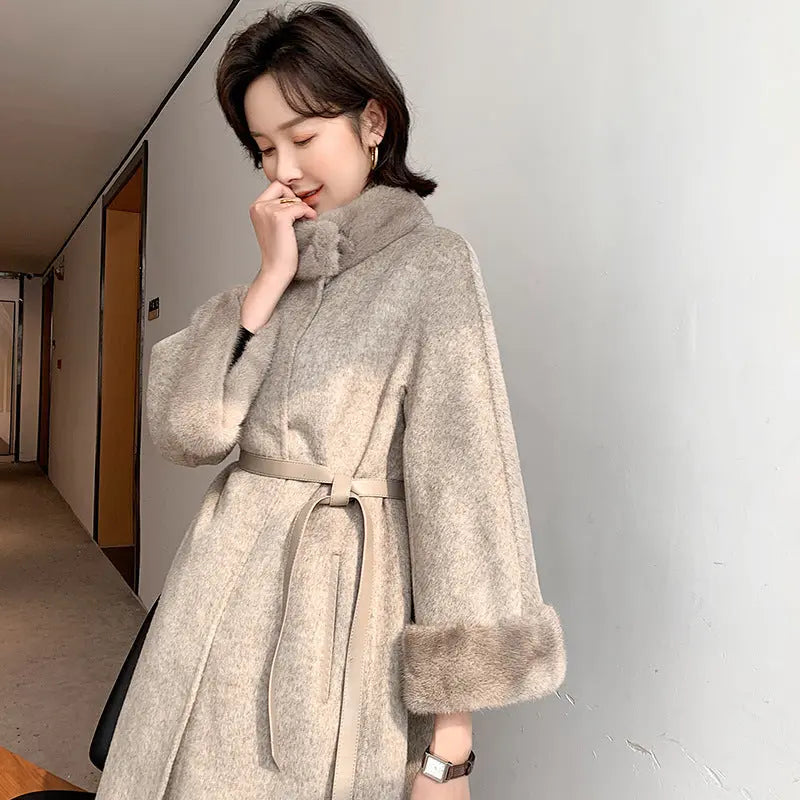 Mink Fur Lace Up Slim Fit Wool Overcoat null