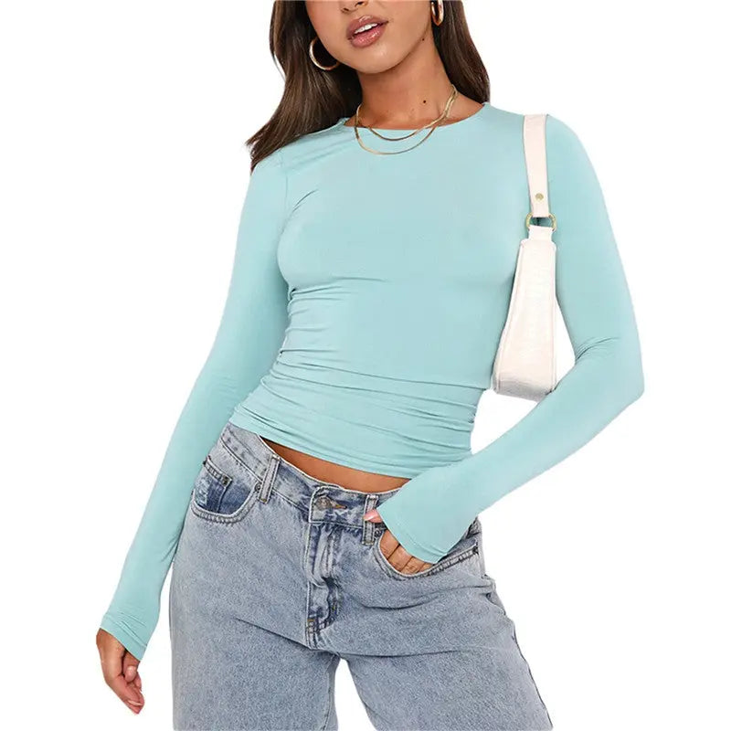 Women's Clothing Fashion Slim Long-sleeved Pullovers Tops Solid Causal Fit Shirts null