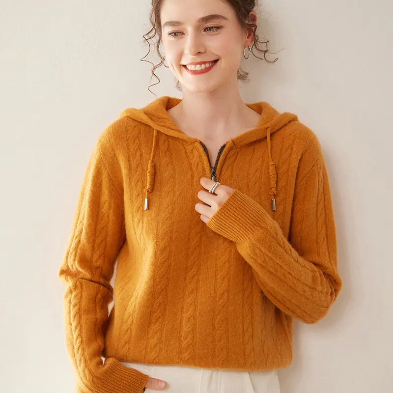 Cashmere Sweater Women's Hooded Twist Half-open Collar Sweater Nipaaj