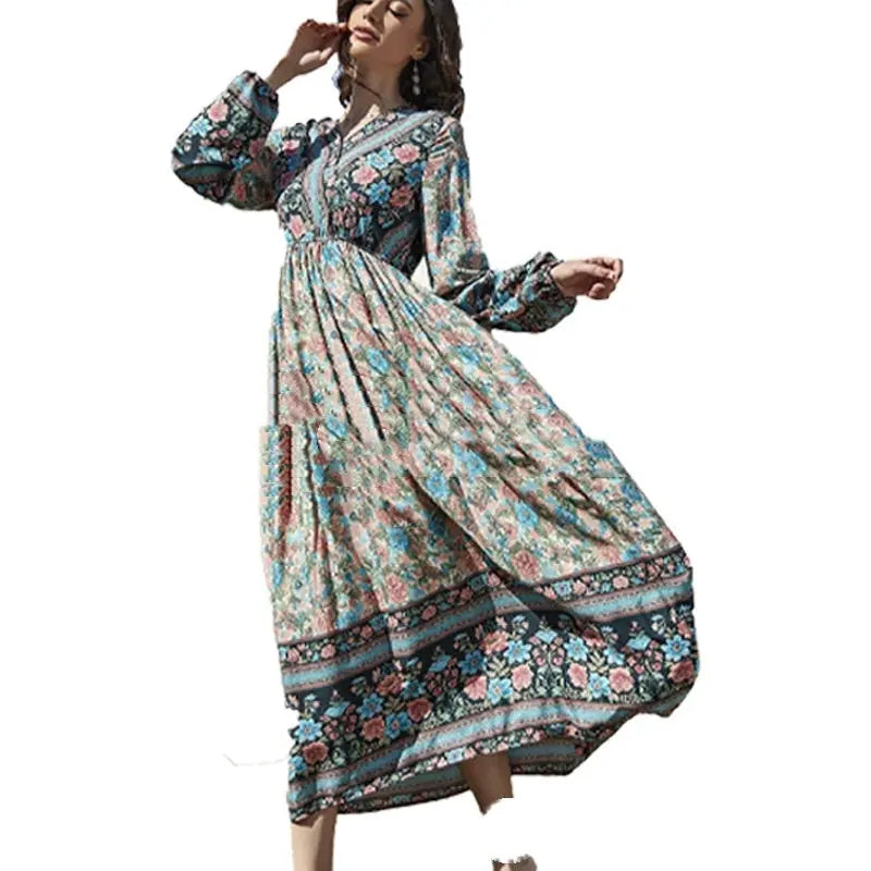 Rayon Long Sleeve Bohemian Dress Vacation Beach Large Swing Dress Nipaaj