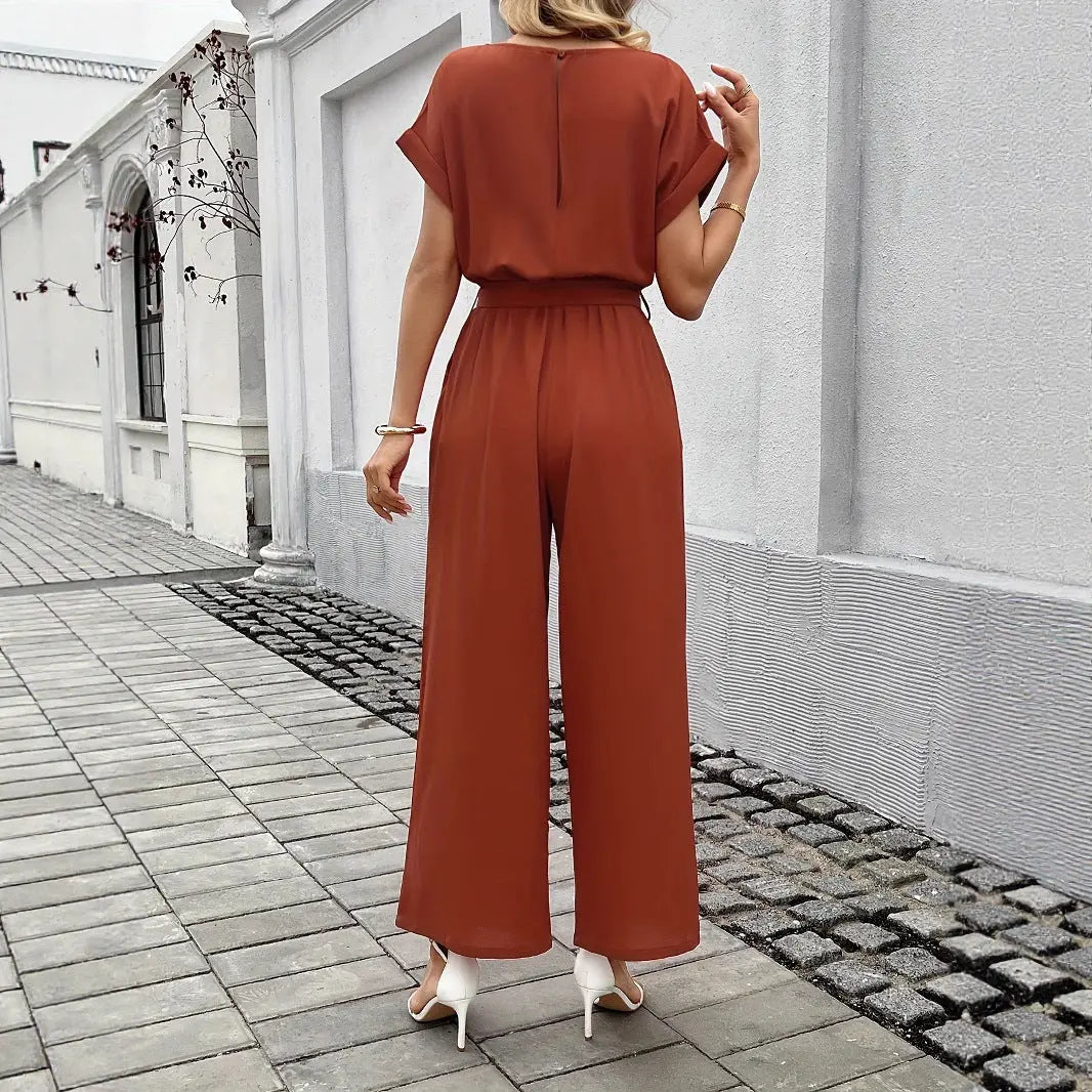 Women's Fashion Solid Color With Belt Round Neck Jumpsuit null