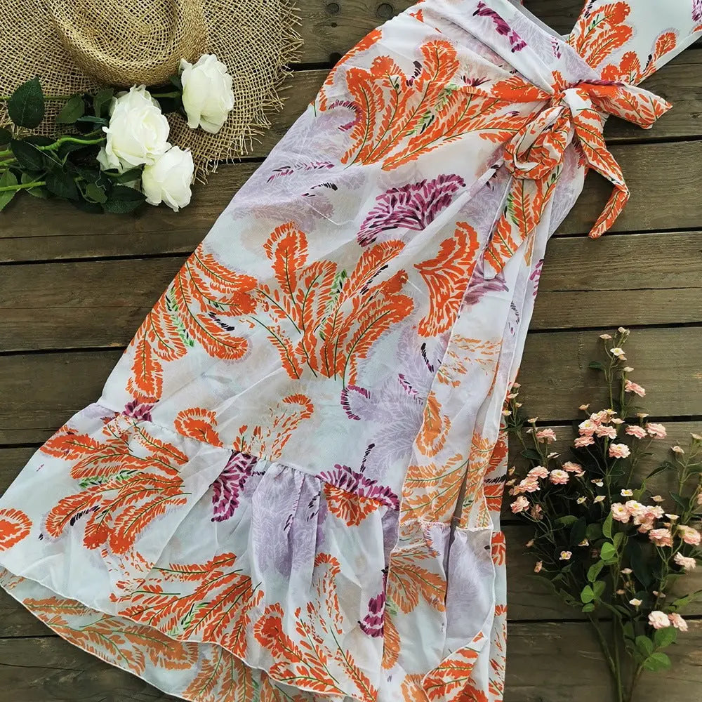 Printed Ruffle One Piece Swimming Costume Women Chiffon Maxi Dress null