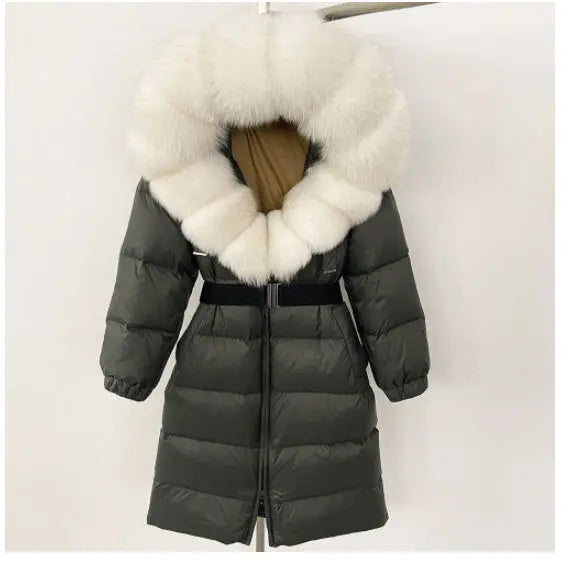 Women's Long Cinched Hoodie Real Fox Fur Collar Coat null
