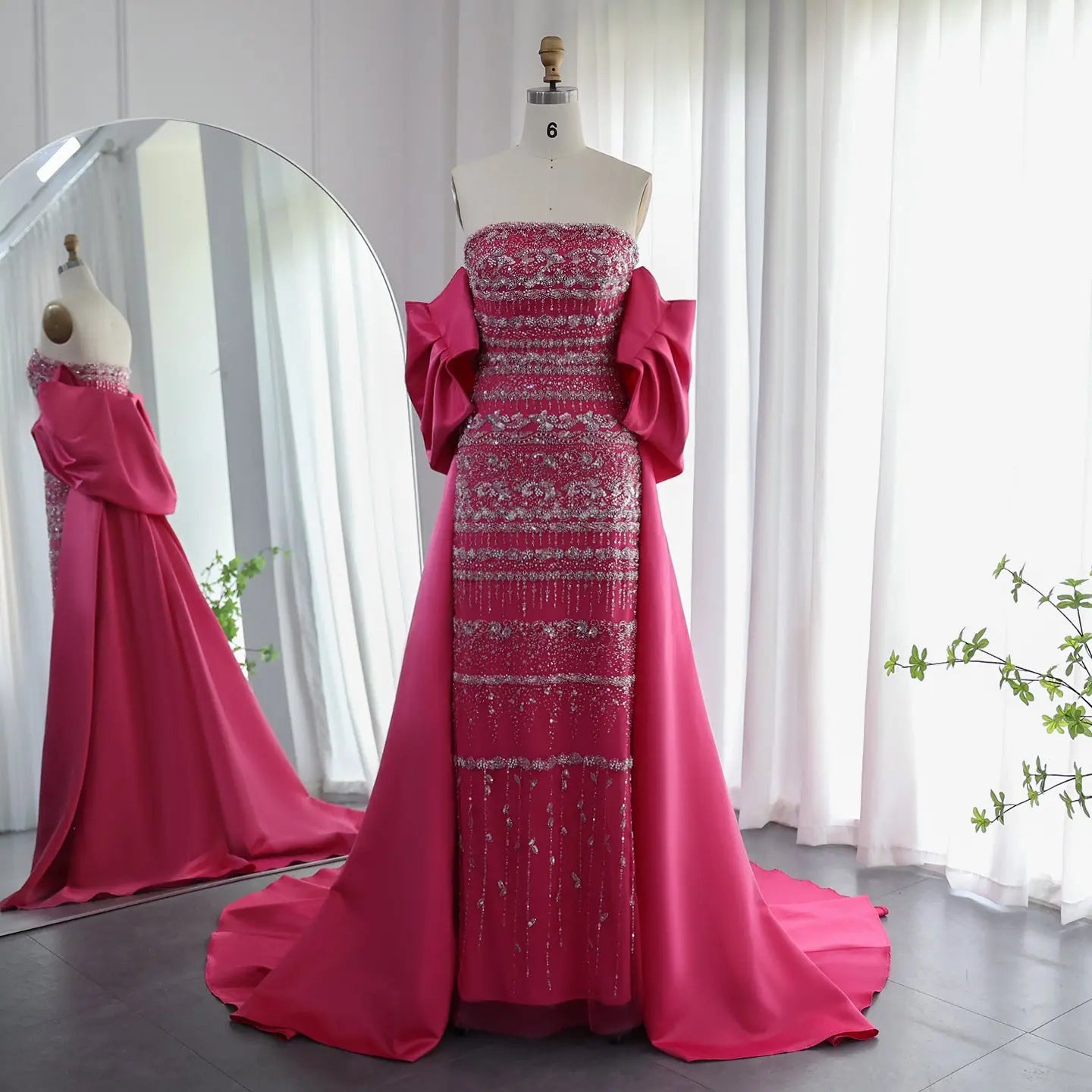 Foreign Trade Tube Top Heavy Industry Beads Off-shoulder Satin Trailing Evening Dress Nipaaj