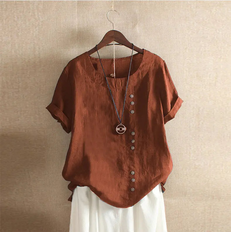 Retro Plus Size Casual Loose Cotton And Linen Short-sleeved Pullover T-shirt Nipaaj