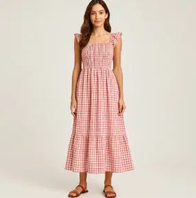 Summer Plaid Print Pleated Ruffle Dress INS Fashion Sleeveless A-line Swing Beach Dress Women's Clothing null
