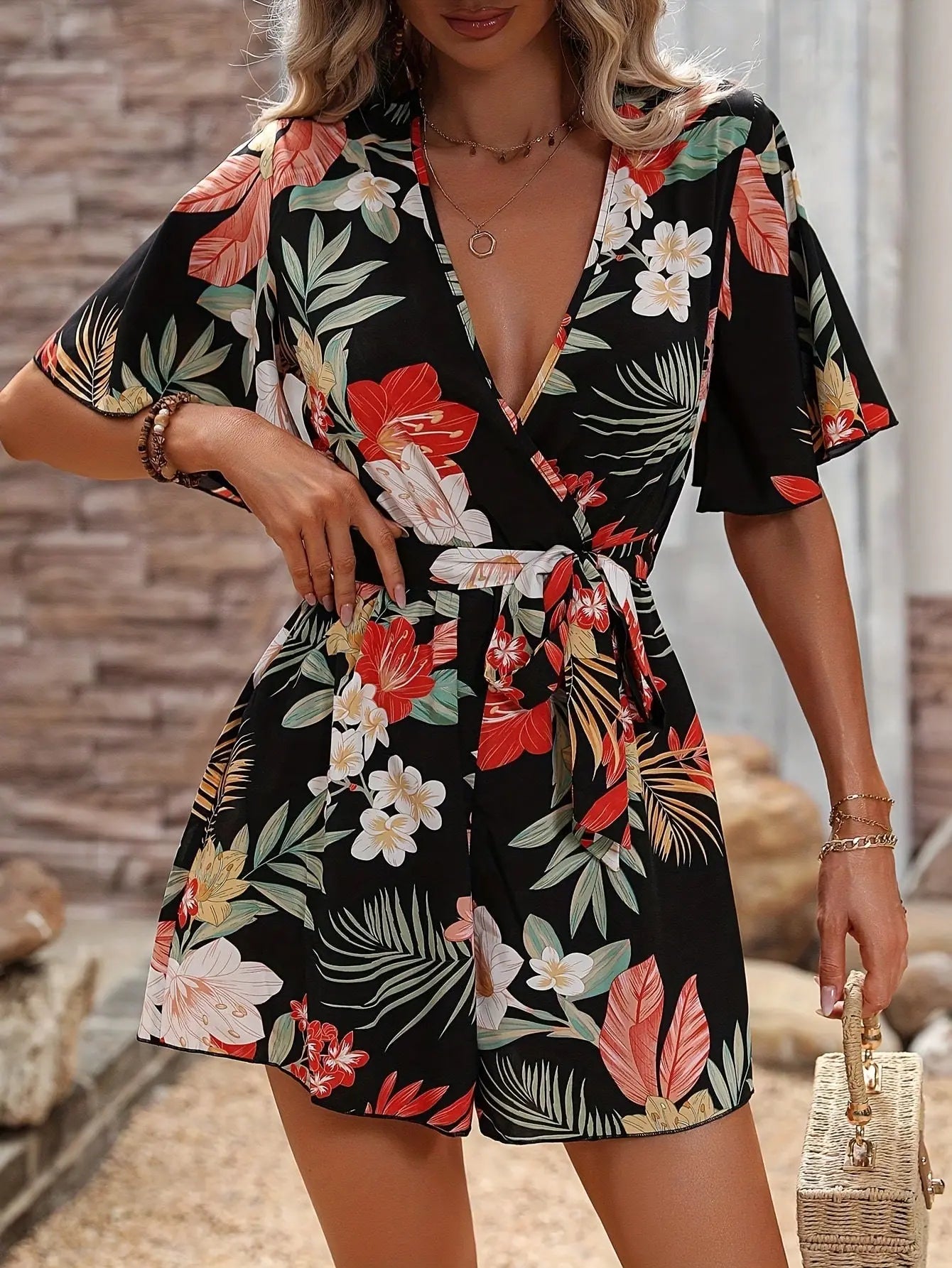 Beach Vacation Ruffle Sleeve Short Culottes Printed Jumpsuit null