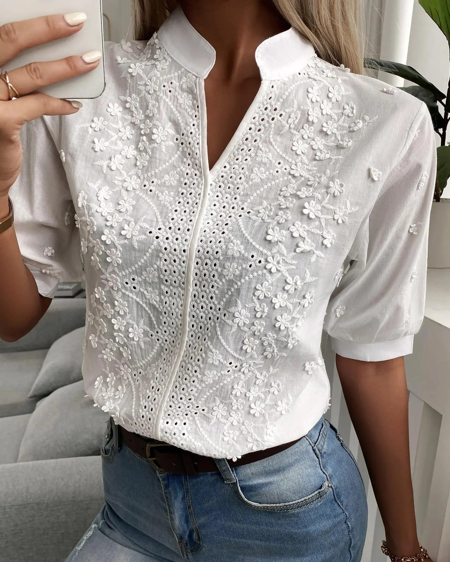 Women's Fashion V-neck Stand Collar Embroidery Lace Blouse Shirt Nipaaj