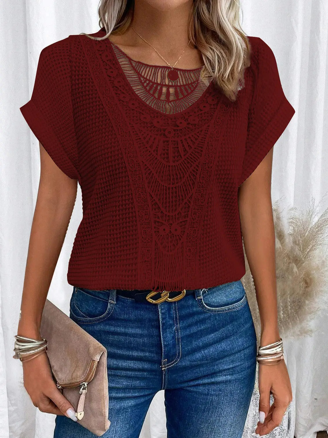 Summer Hollow Out Short-sleeved T-shirt Fashion Ethnic Style Tops Women's Clothing Nipaaj