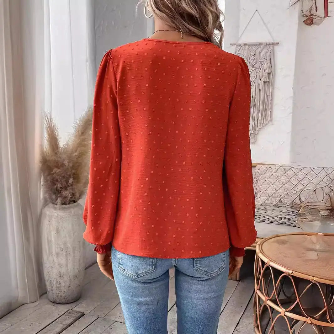 Lace Solid Color Long Sleeve Casual Women's Top Nipaaj