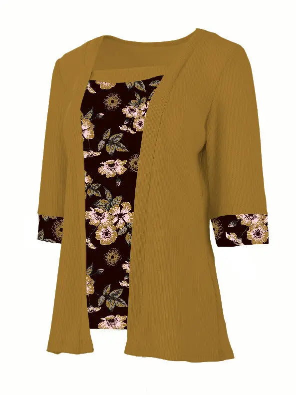Women's Fake Two-piece Five-quarter Sleeve Printed Top T-shirt Nipaaj