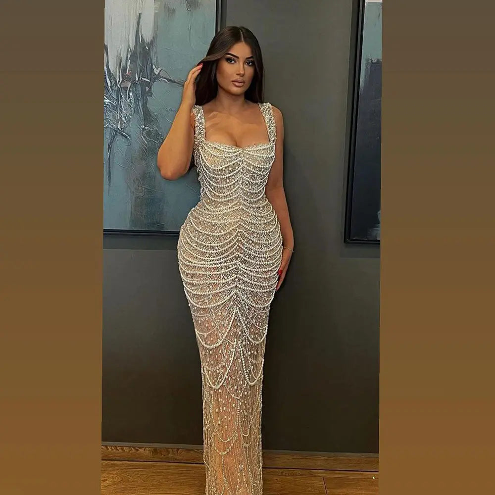 Nude Elegant Sling Light Luxury High-end Pearl Beaded Dress Nipaaj