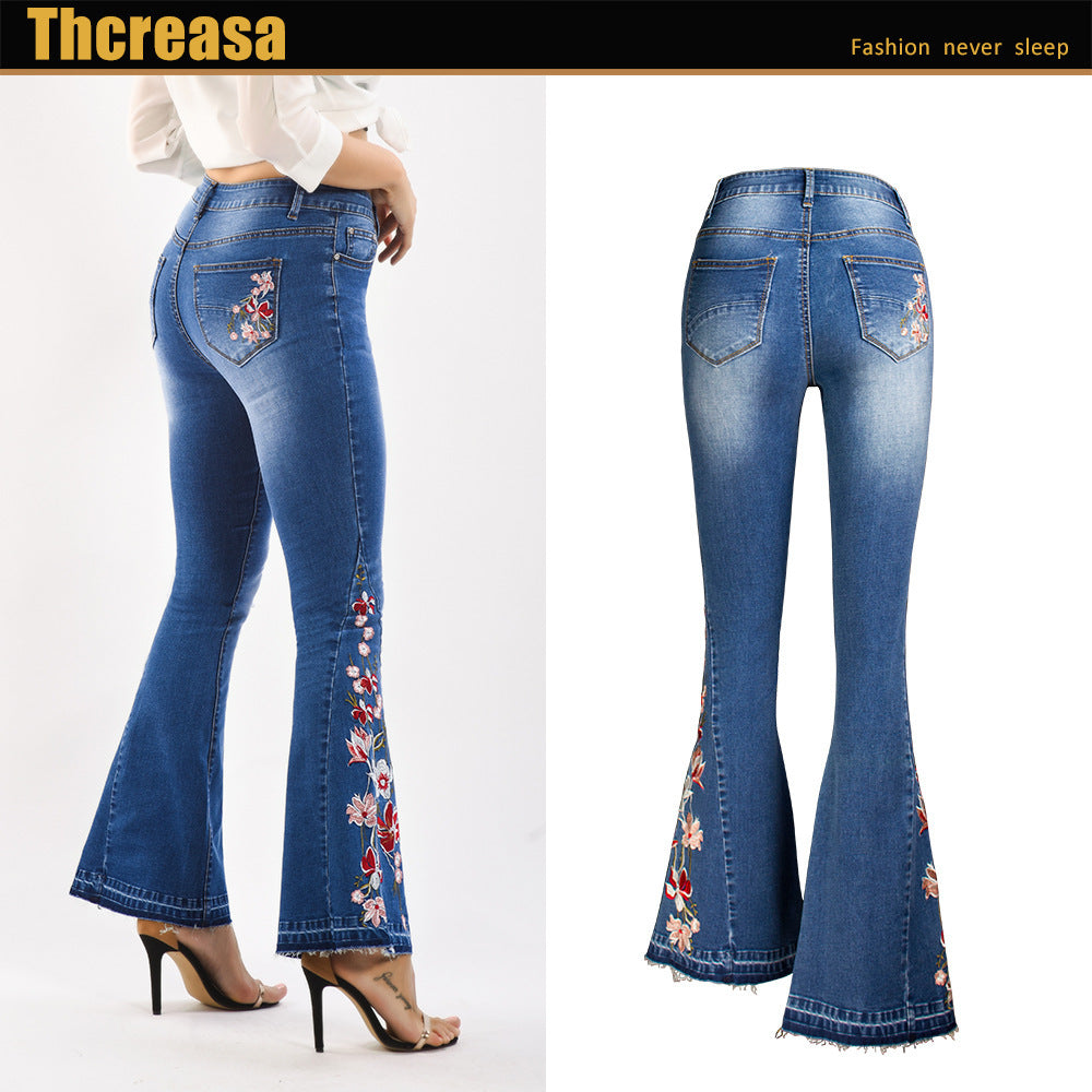 3D Machine Embroidery Denim Women's Autumn Denim Wide Leg Trousers