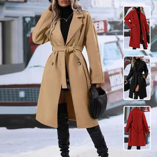 Lapel Double-breasted Trench Coat With Belt Winter Fashion Solid Color Long Jacket Outwear Women Clothing null