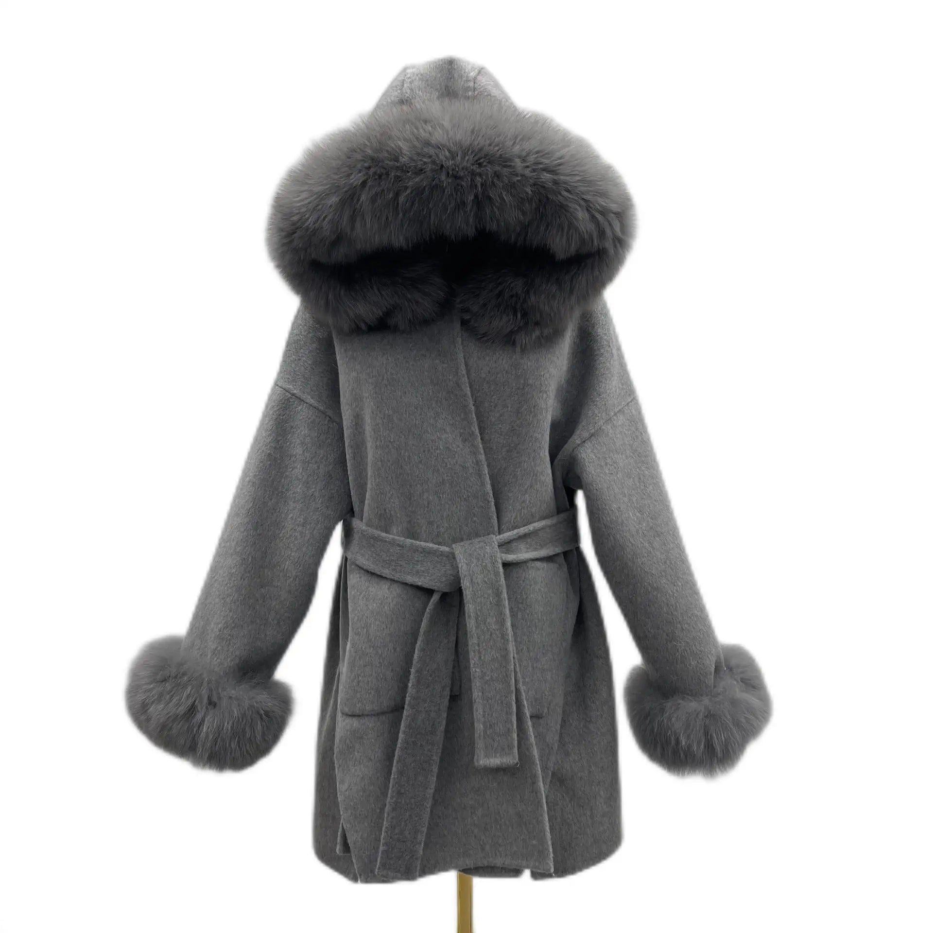 Oversized Fur Collar Hood Double-sided Woolen Coat null