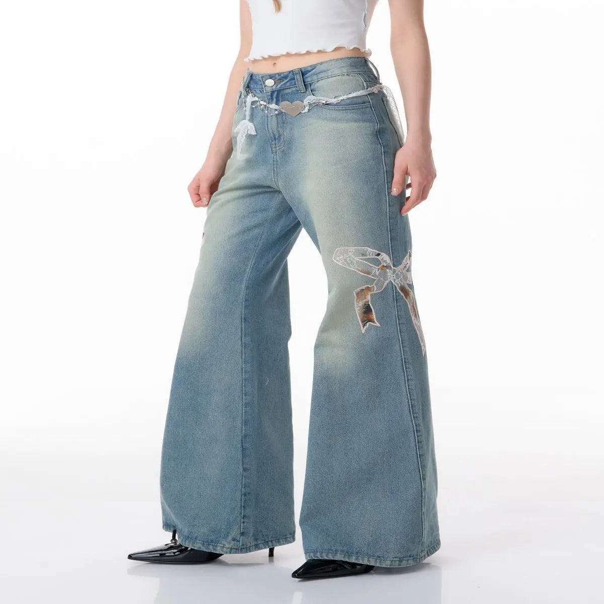 High Waist Bow Patch Wide Leg Straight Jeans Nipaaj