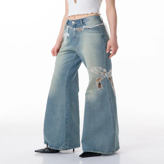 High Waist Bow Patch Wide Leg Straight Jeans Nipaaj