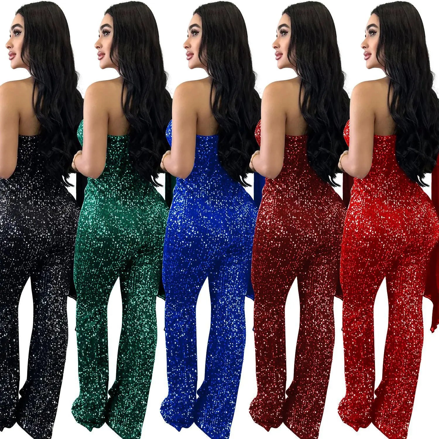 Women's Solid Color Sleeveless One-shoulder Sequined Trousers Jumpsuit null