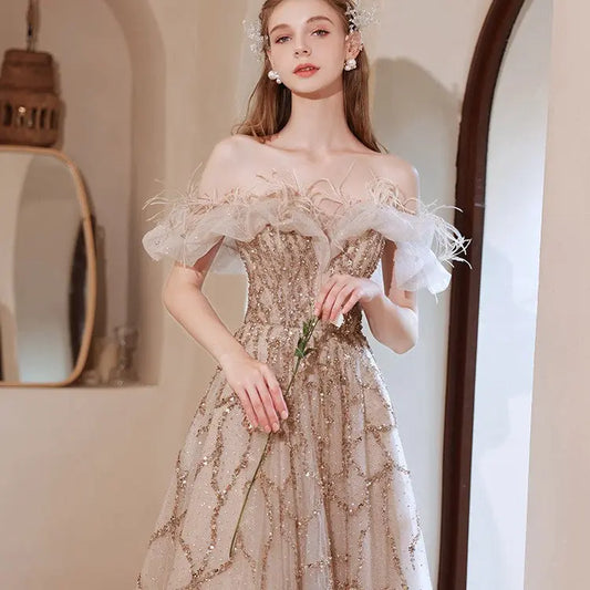 Off-shoulder Annual Conference Host Engagement Dress Nipaaj