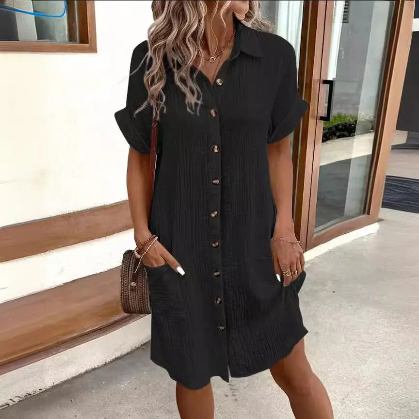 Summer Short Sleeve Shirt Dress Fashion Solid Color Single-breasted Mid-length Loose Dress null