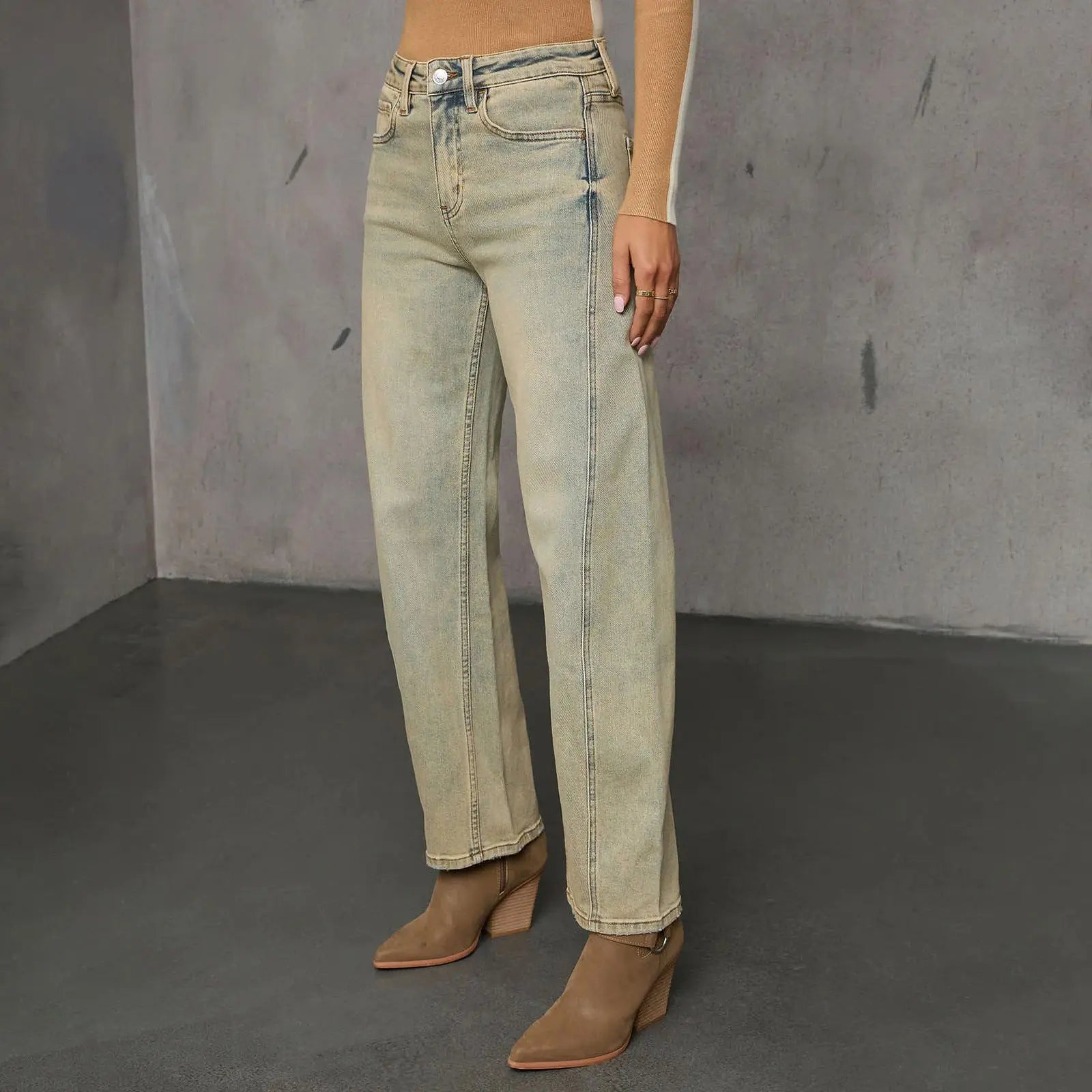 American Stretch High Street Straight Nostalgic Retro Blue Women's Denim Trousers Nipaaj