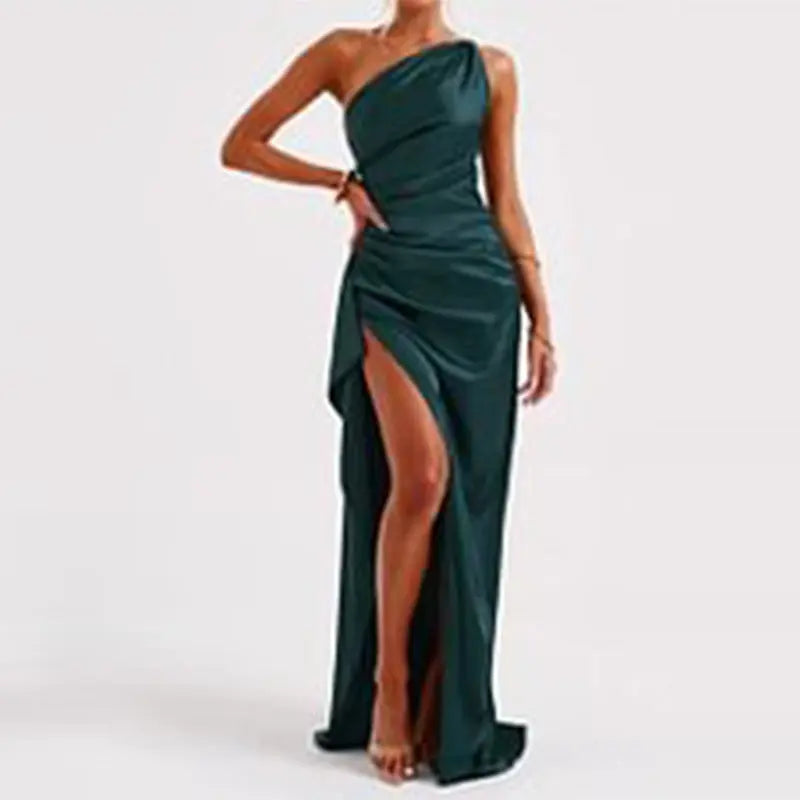 Sexy One-shoulder Backless Slit Dress Summer Elegant Slim-fit Solid Color Satin Dresses For Women null