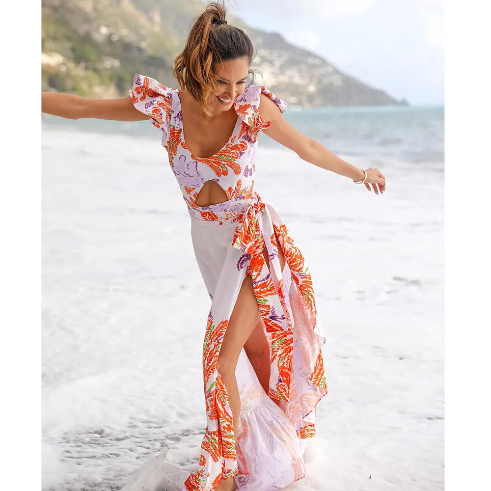 Printed Ruffle One Piece Swimming Costume Women Chiffon Maxi Dress null
