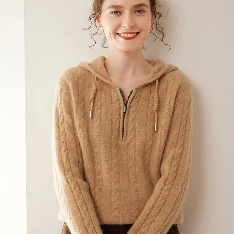 Cashmere Sweater Women's Hooded Twist Half-open Collar Sweater Nipaaj