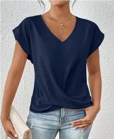 Fashion V-neck Short-sleeve T-shirt Summer Casual Irregular Knot Top For Women Clothing Nipaaj