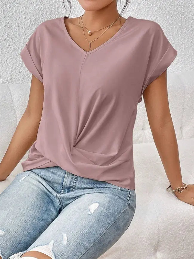 Fashion V-neck Short-sleeve T-shirt Summer Casual Irregular Knot Top For Women Clothing Nipaaj