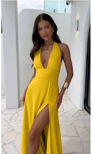 Sexy Halterneck V-neck Slit Dress Summer Backless Strappy Skirt Fashion Temperament Clothing Women null