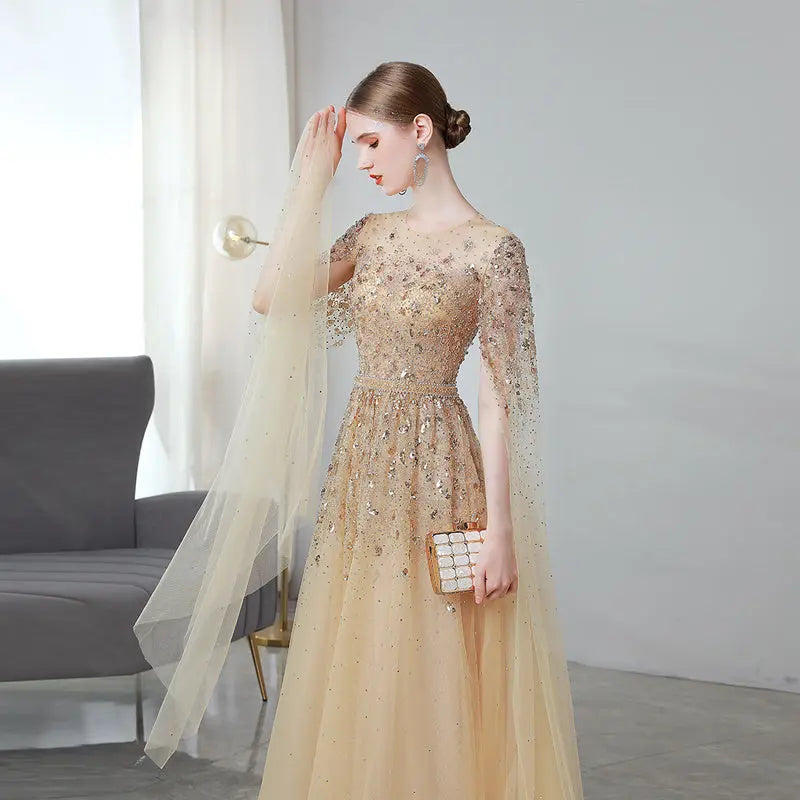 Gold High End Flying Sleeve Long Evening Dress Nipaaj
