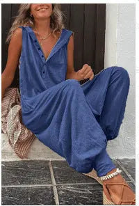 Hot Selling Button Up Hooded Sleeveless Pants In Stock, Jumpsuit With Pockets null