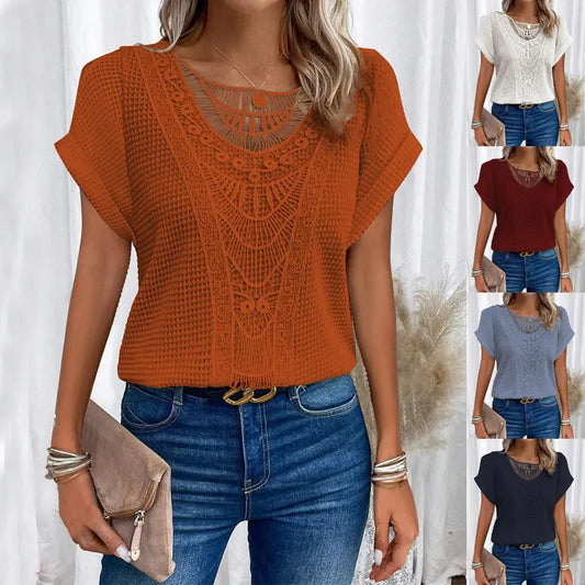 Summer Hollow Out Short-sleeved T-shirt Fashion Ethnic Style Tops Women's Clothing Nipaaj