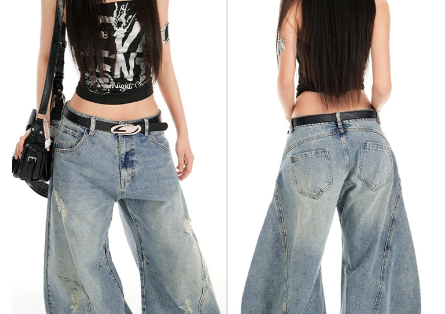 Distressed American Street Retro Deconstructed Machete Wide Leg Jeans