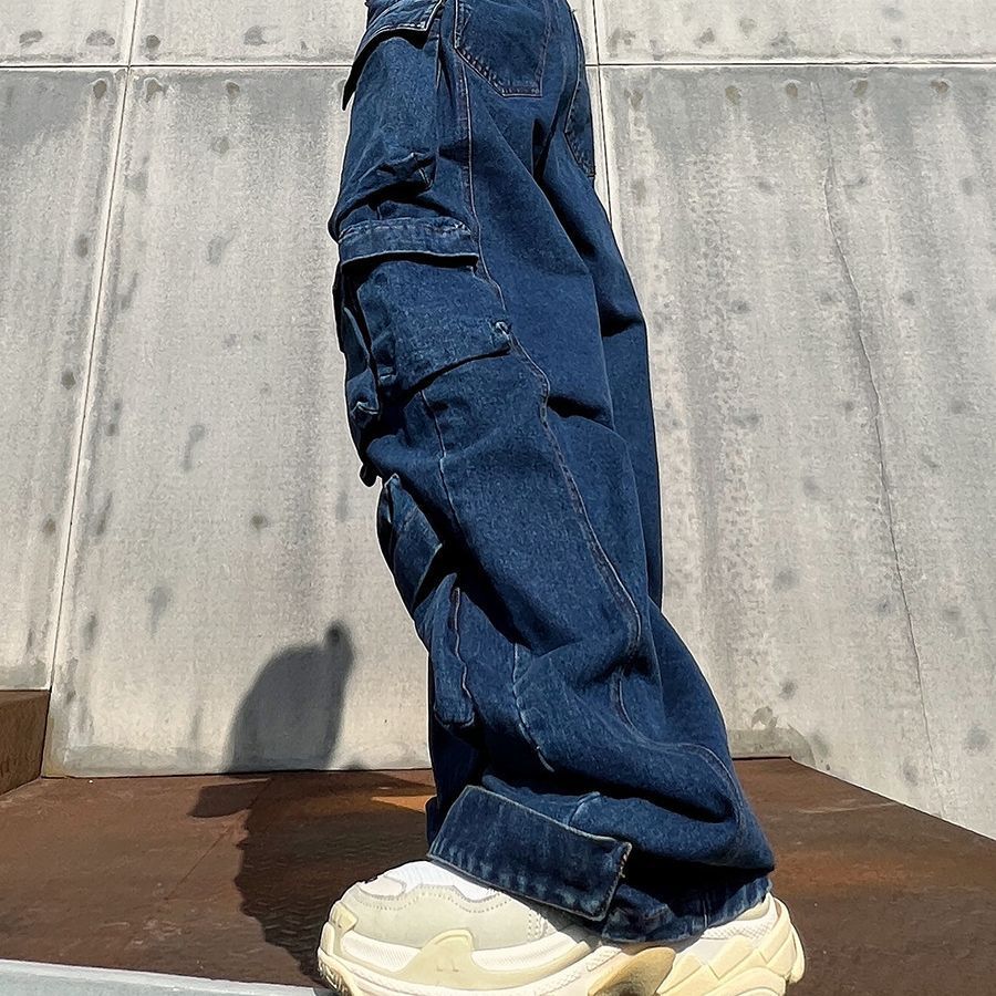 Distressed Wide-leg Workwear High Waist Multi-pocket Jeans