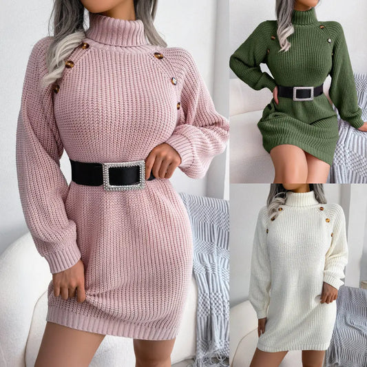 Winter Turtleneck Long Sweater Dress With Button Design Leisure Clinch Long Sleeve Base Sweater Women Nipaaj