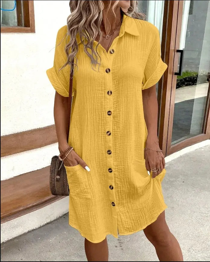 Summer Short Sleeve Shirt Dress Fashion Solid Color Single-breasted Mid-length Loose Dress null