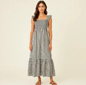 Summer Plaid Print Pleated Ruffle Dress INS Fashion Sleeveless A-line Swing Beach Dress Women's Clothing null