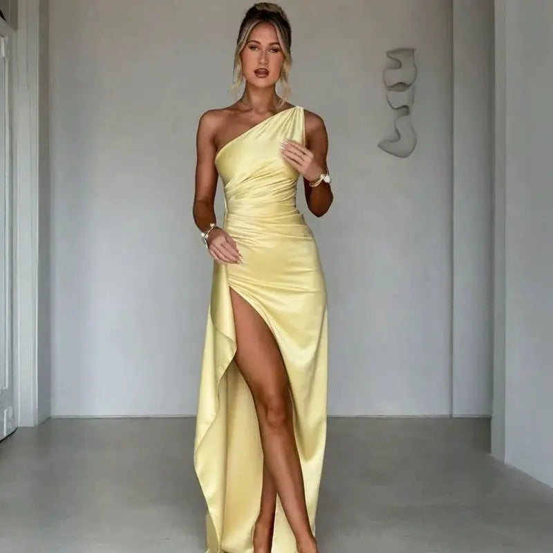 Sexy One-shoulder Backless Slit Dress Summer Elegant Slim-fit Solid Color Satin Dresses For Women null