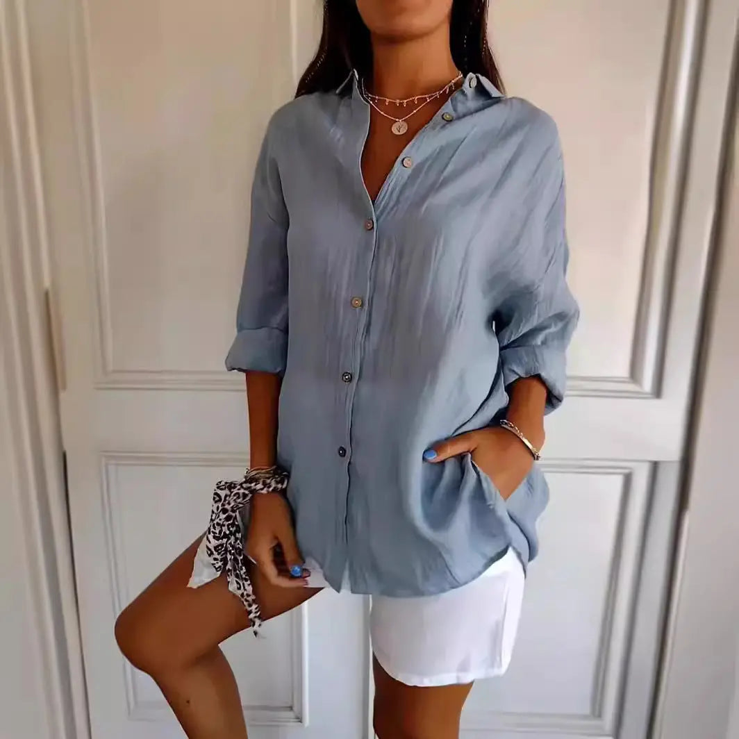 Lapel Long Sleeve Shirt Women's Single-breasted Pleated Shirt null