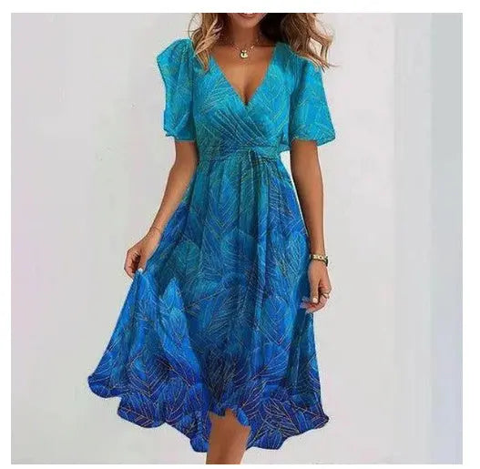 Chiffon Printed Short Sleeve Dress Summer Elegant V-neck Dresses Womens Clothing null