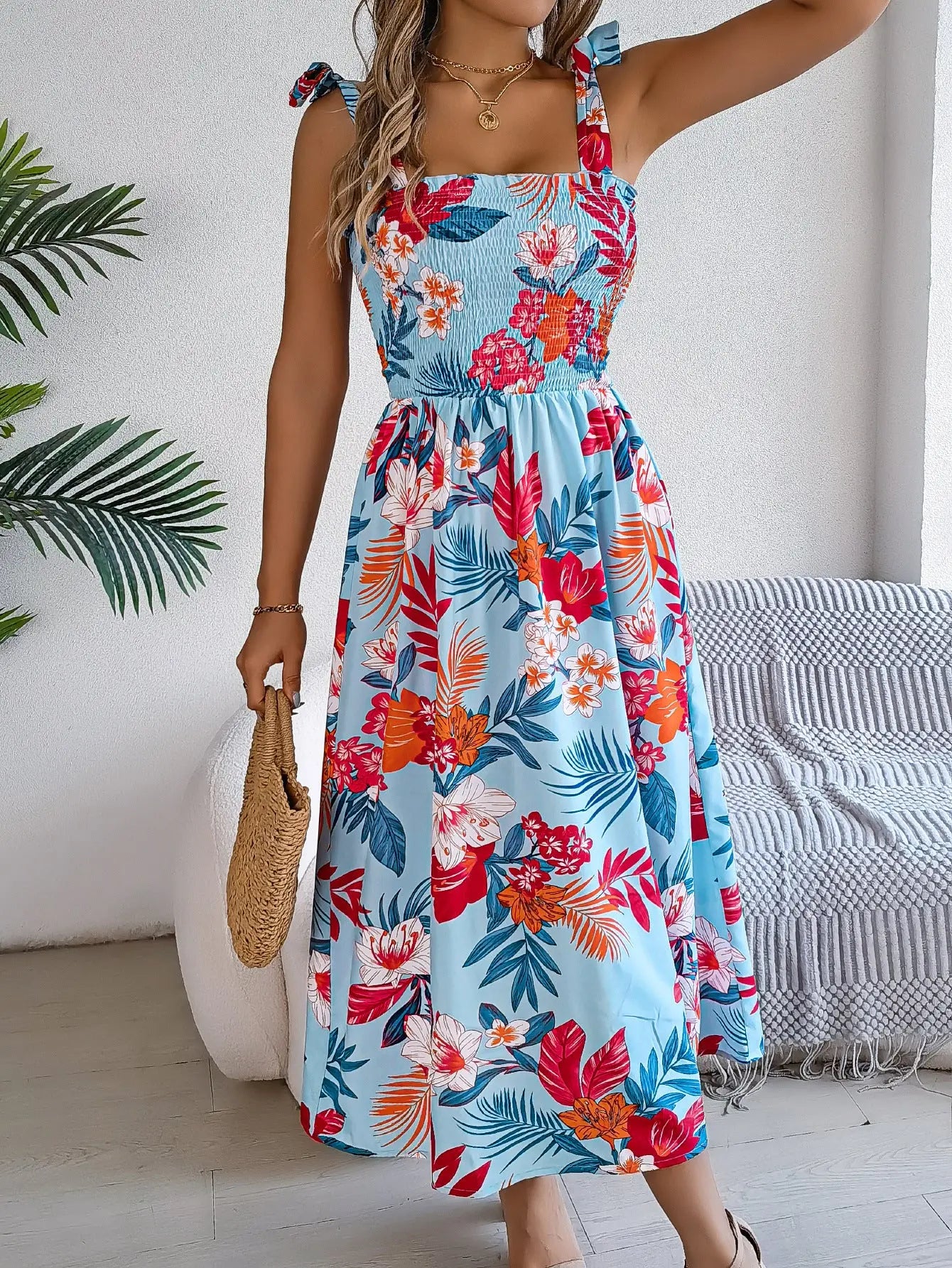 Flowers Print Suspender Corset Dress Ins Fashion Holiday Beach Long Dresses Summer Clothing For Women null