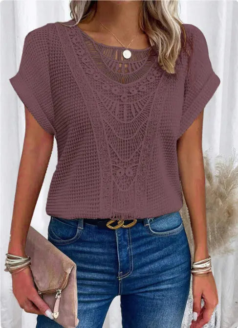 Summer Hollow Out Short-sleeved T-shirt Fashion Ethnic Style Tops Women's Clothing Nipaaj