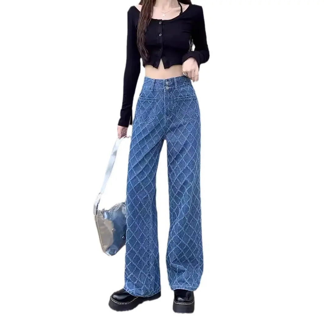 Summer Ladies New Loose Drooping Slimming Jacquard Design Straight-leg Denim Trousers Nipaaj