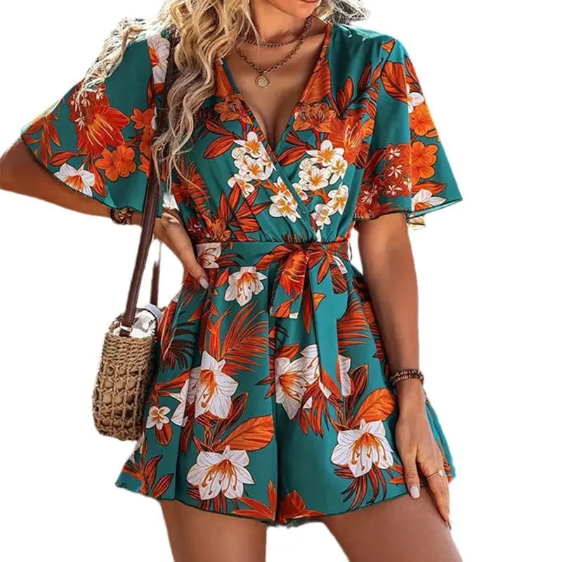 Beach Vacation Ruffle Sleeve Short Culottes Printed Jumpsuit null