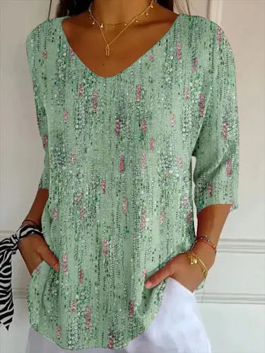 New 3D Printed Women's European And American Fashion Floral V-neck Shirt Top null