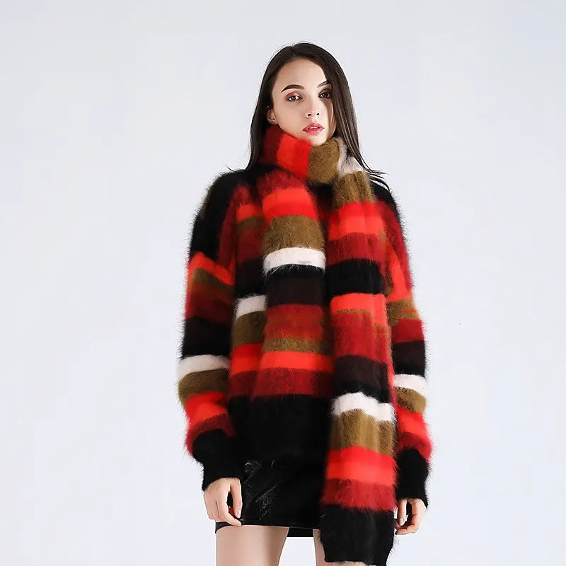 Round Neck Loose Color Matching Sweater With Scarf Nipaaj